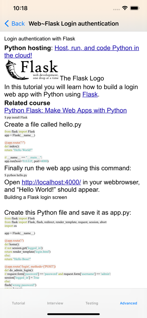 Uma tela do aplicativo Tutorial de Python mostrando uma aula sobre autenticação de login Flask com trechos de código
