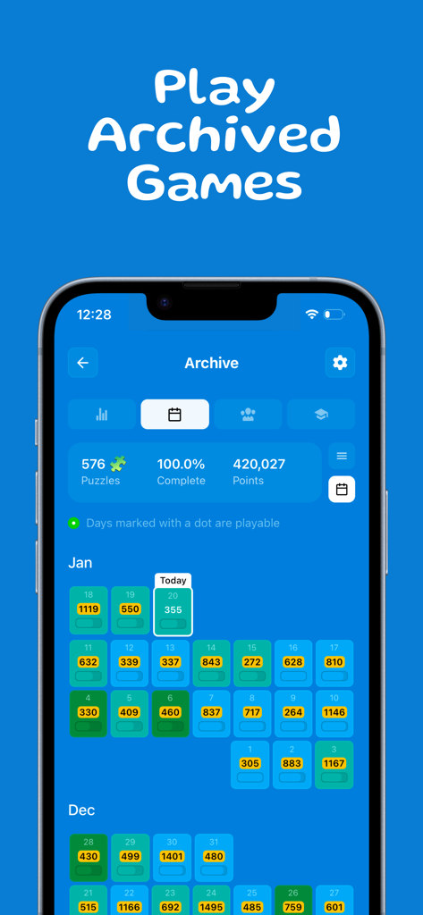 Bloobi - Bloobi mobile game archive screen displaying a calendar of played puzzles and player stats