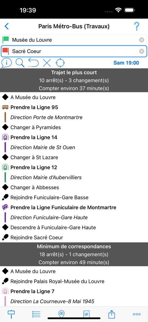 Interfaz de la app MetrO mostrando un itinerario detallado de transporte público desde el Museo del Louvre hasta el Sacré Coeur en París.