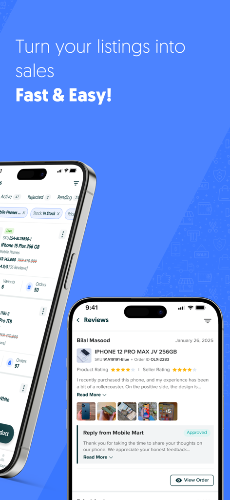 OLX Pakistan Seller Center App-Oberfläche zeigt Produktangebote und Verwaltung von Kundenrezensionen auf Smartphones