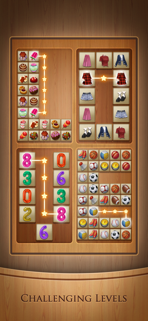 Tile Connect: Matching Games - 木製の表面にさまざまなアイコンカテゴリのマッチングペアが表示された4つのパズルボード