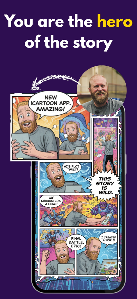Comic Book Maker - iCartoon - A man photo converted into a comic book hero using the iCartoon app