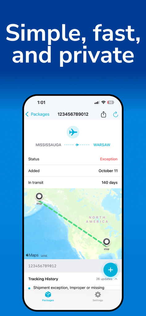 Package & Parcel Tracker App - Interfaz de la App Rastreadora de Paquetes y Envíos que muestra un mapa de estado de entrega e historial de envío