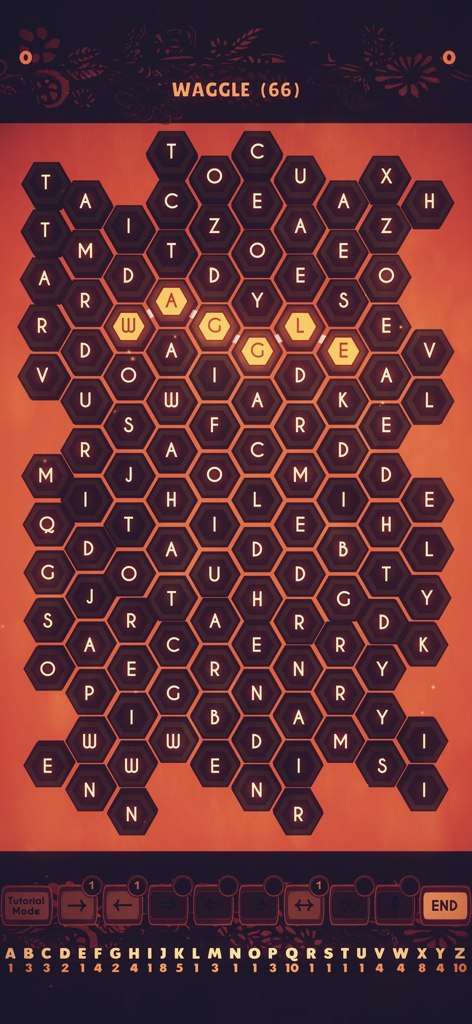 Strategic word search gameplay in Waggle Words featuring a honeycomb grid of letters.