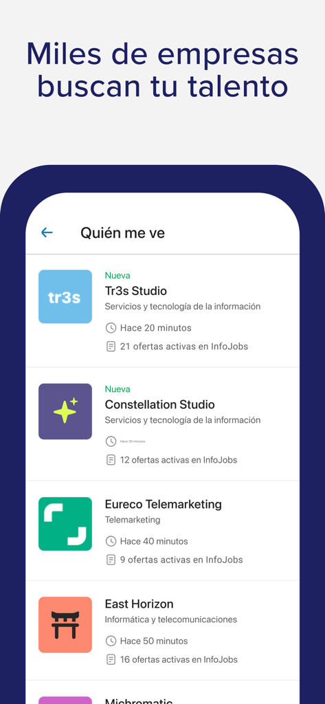 InfoJobs - Trabajo y Empleo - Interface da aplicação móvel InfoJobs mostrando uma lista de empresas que visualizaram o perfil do utilizador