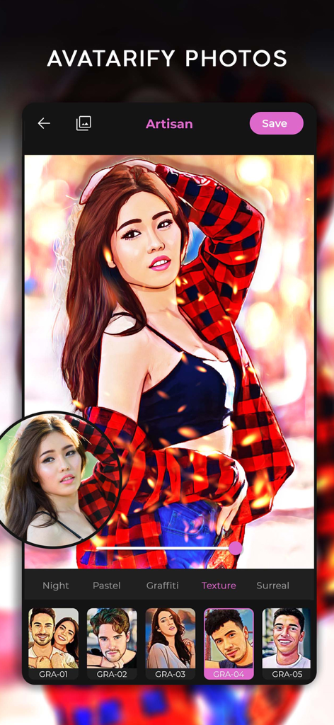 Interfaz de usuario de la aplicación Artisan que muestra el retrato de una mujer transformándose en un estilo de arte de dibujo animado digital con filtros artísticos