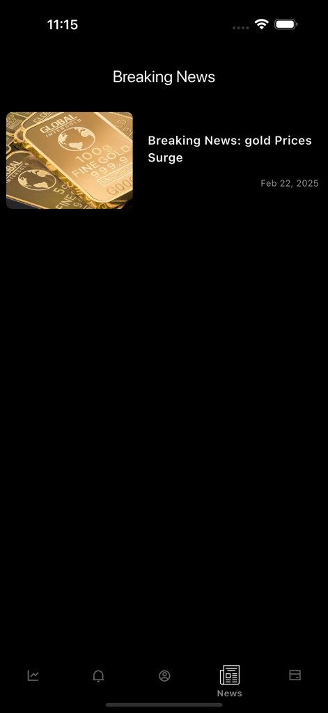 Switz Gold - Seção de notícias urgentes do aplicativo Switz Gold mostrando atualização de aumento de preço do ouro