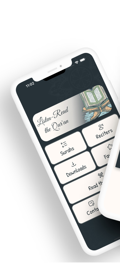 Read & Listen Qur'an - Main menu of the Read and Listen Quran mobile app displaying options for Surahs and Reciters