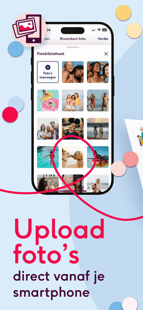 Interface de l'application Greetz montrant l'option de télécharger des photos directement depuis un smartphone pour créer des cartes de vœux personnalisées