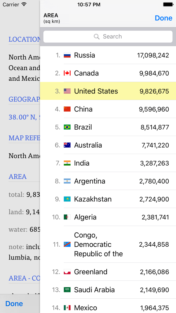 WorldABC app screenshot showing a list of countries ranked by total surface area with the United States highlighted.