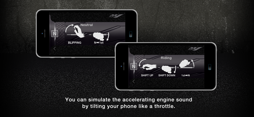 Ride YAMAHA - Deux smartphones affichant l'interface de l'application Ride YAMAHA avec des instructions pour simuler les mouvements de l'accélérateur de moto et les sons du moteur
