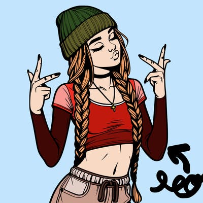 realistic teenage girl with braids and a beanie and crop top doing 🫶🏼