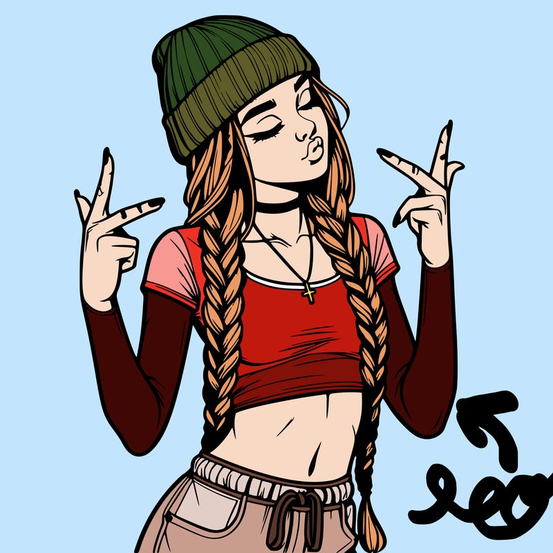 realistic teenage girl with braids and a beanie and crop top doing 🫶🏼