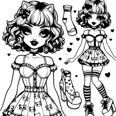 female with an hourglass waist,short fluffy and curly hair and sweet soft eyes with fluffy lashes, and a soft smile with lipstick,wearing a ruffled corset a cute short kawaii overall skirt with a hello kitty pattern and mismatch heart and stripe socks and doll platform shoes