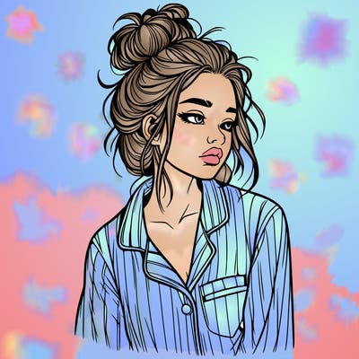 realistic woman with pajamas on and a messy bun