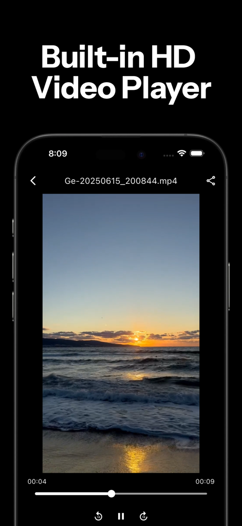BlackHol Grab app interface showing a built-in HD video player playing a sunset video