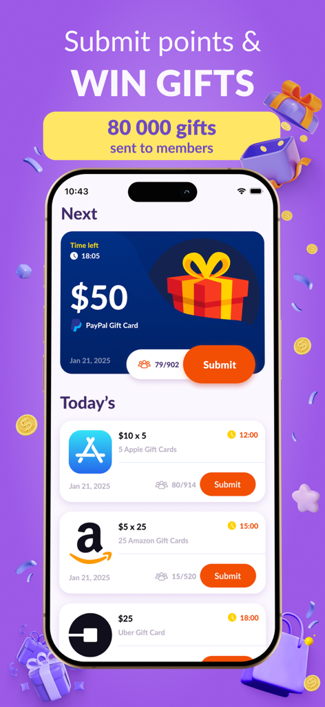Earn Rewards: Fancy Giveaways - Interfaz de la aplicación móvil de Fancy Giveaways que muestra recompensas diarias por tarjetas de regalo de PayPal, Amazon, Apple y Uber