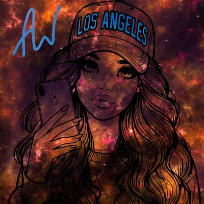 realistic beautiful girl wearing los ángeles cap holding an iphone