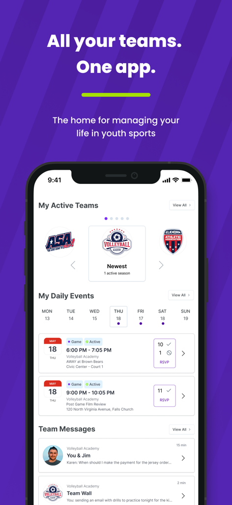 OTTO SPORT - OTTO SPORT mobile app interface showing active teams, daily event schedules, and team messages for youth sports management.