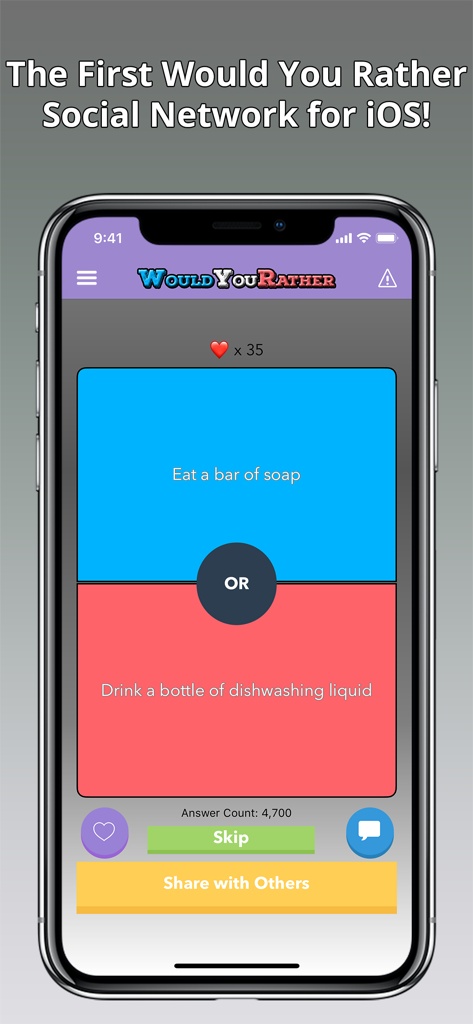 Would You Rather? Viral Game - Would You Rather Viral Game mobile app interface showing a choice between two humorous scenarios on an iPhone screen.