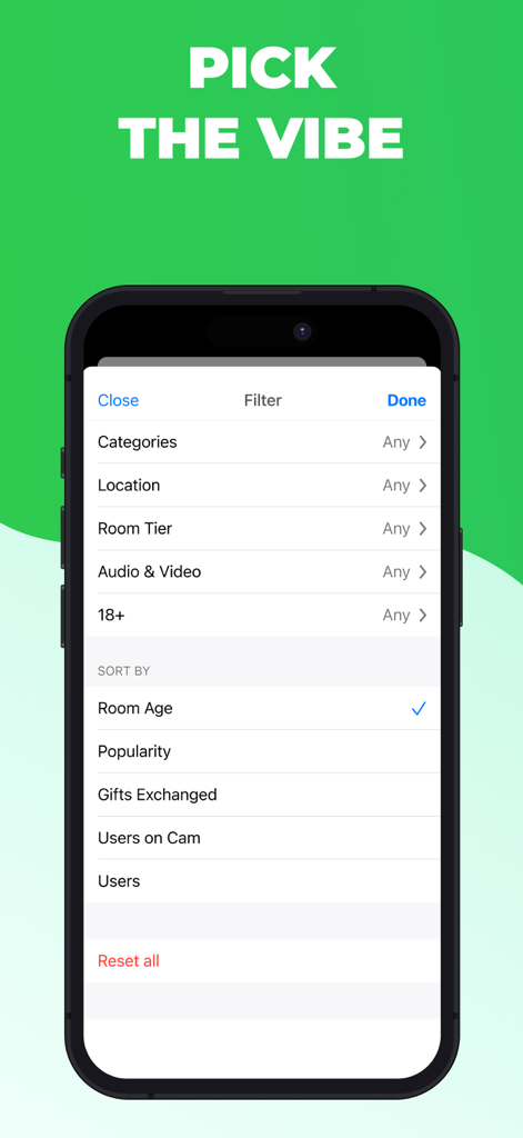 Interface de l'application Camfrog montrant des options de filtre et de tri pour les salons de discussion vidéo en direct