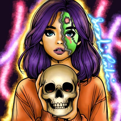 realistic girl holding a skull