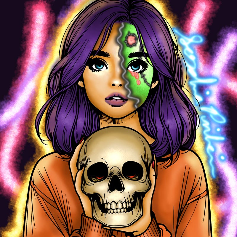 realistic girl holding a skull