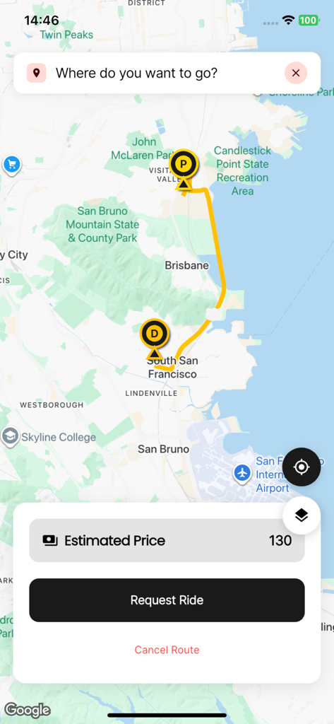 推定価格とライドリクエストボタンが表示されたサンフランシスコの配送ルートを示すFlash Deliveryアプリの地図インターフェイス