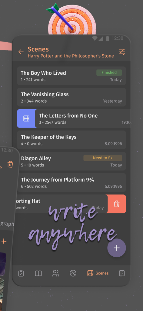 Fabula. Story Planner - A mobile interface for the Fabula app showing a list of organized book scenes for story planning.