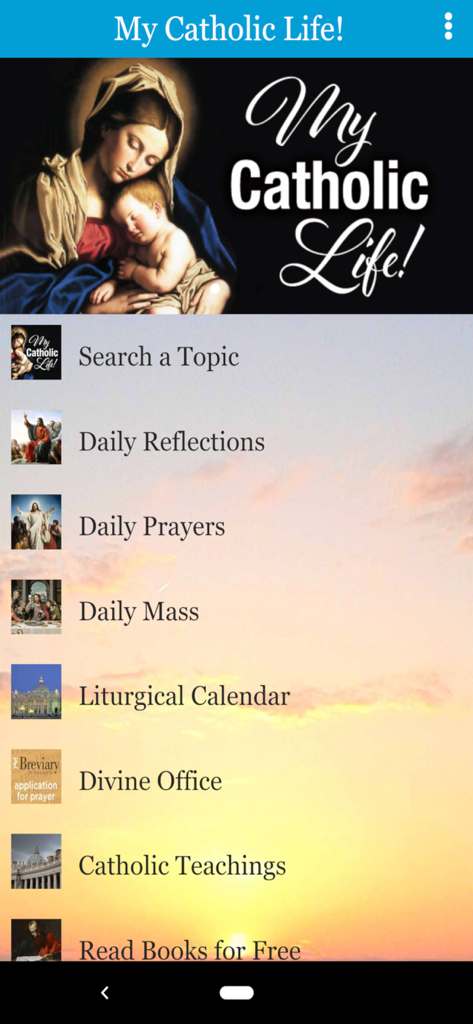 Home screen of the My Catholic Life app showing spiritual resources like daily reflections and prayers