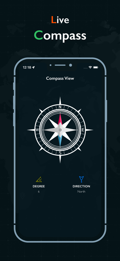 Um display de bússola digital mostrando a direção atual e os graus dentro de um aplicativo utilitário de navegação.