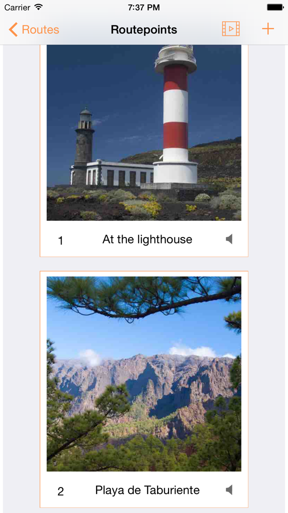Mnemo Route App-Oberfläche, die eine Liste visueller Gedächtnisroutenpunkte mit Fotos eines Leuchtturms und einer Berglandschaft zeigt