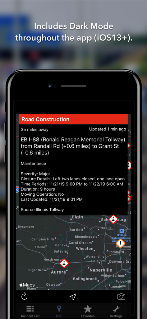 Illinois State Roads app screenshot in dark mode showing road construction details and incident icons on a map.