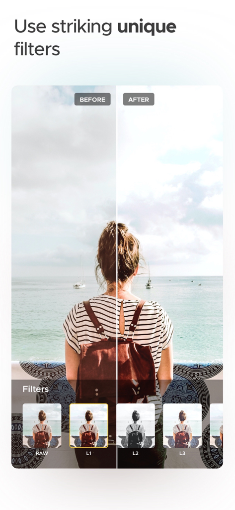 Vorher/Nachher-Vergleich, der einzigartige Fotofilter in der Tuval-App zeigt