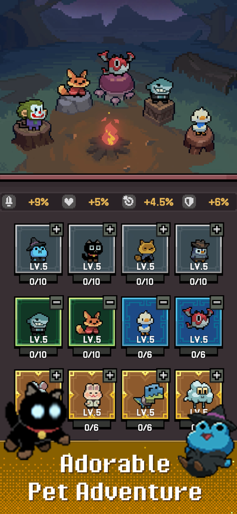 Heroll : Dice Roguelike - Tela de gerenciamento de animais de estimação de Heroll Dice Roguelike com vários animais de estimação em arte pixelada e estatísticas