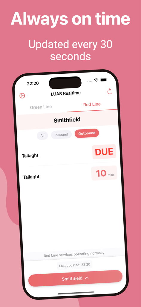 LUAS Realtime - LUAS Realtime App-Bildschirm, der Tram-Ankunftszeiten für die Station Smithfield anzeigt.