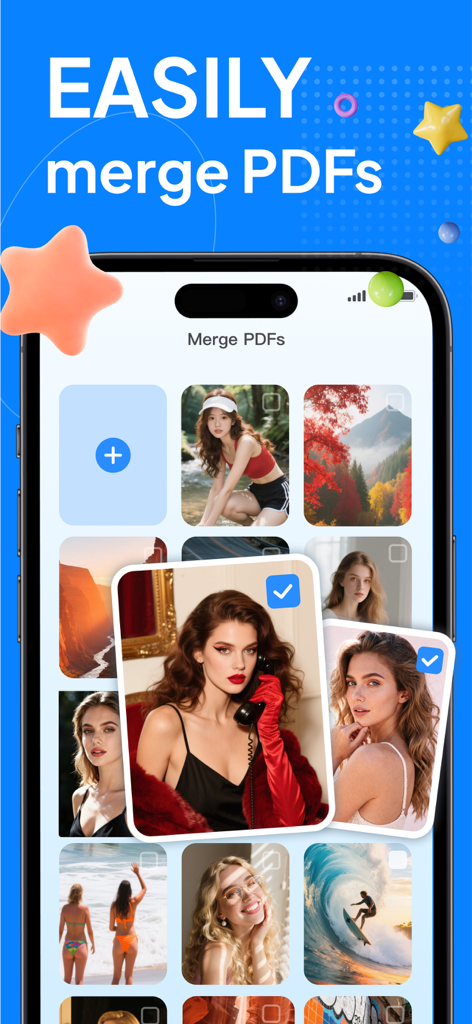 PDF Editor: Scan & Convert - Mobile app interface showing a grid of photos selected to be merged into a single PDF document