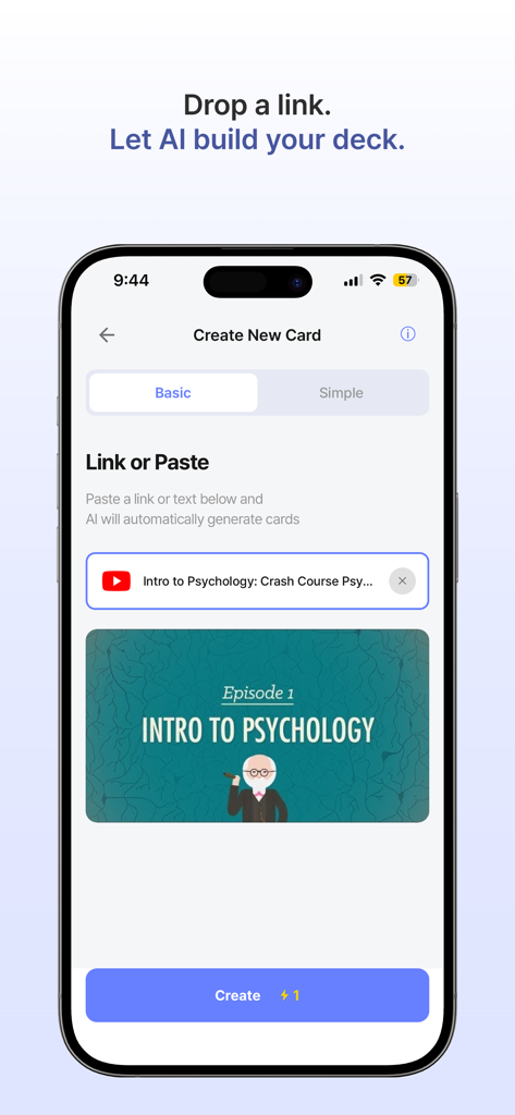 Flica - AI Flashcards - Écran de smartphone montrant l'interface de l'application Flica où un utilisateur peut coller un lien YouTube pour générer automatiquement un jeu de cartes mémo IA