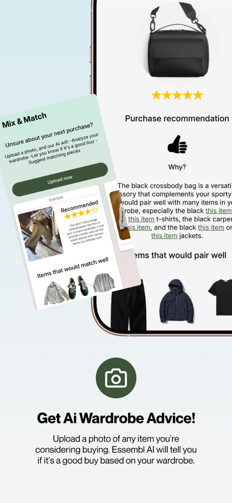 Mobile app screen showing AI wardrobe advice and purchase recommendations for matching clothes