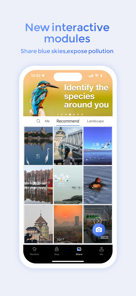 Blue Map - Blue Map mobile app interface showing the interactive sharing wall with user-posted environmental and landscape photos