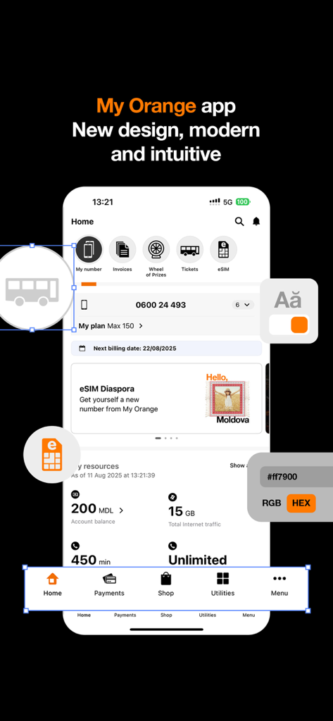 My Orange Moldova - My Orange Moldova app home screen displaying account balance and internet data usage