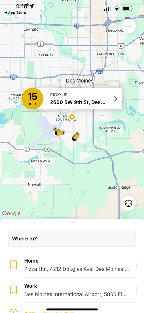 Yellow Cab Co - Yellow Cab Co app map interface showing taxi tracking and pick-up selection in Des Moines