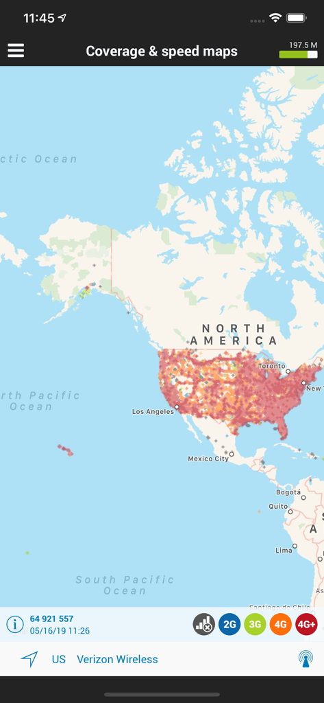 nPerf internet speed test - A map of the United States showing mobile network coverage and performance data in the nPerf app