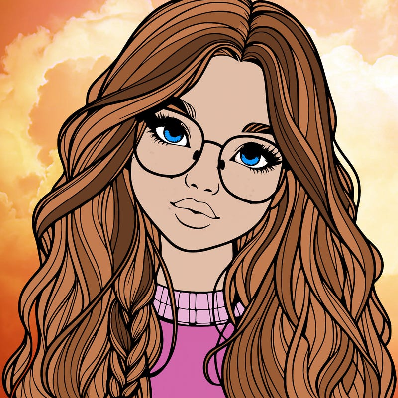 girl with long hair and freckles and glasses realistic