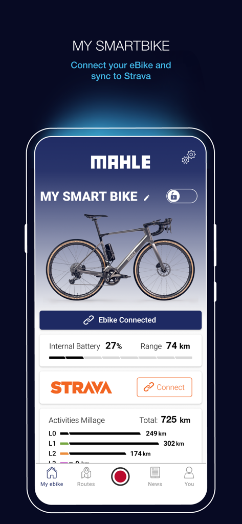 My SmartBike - My SmartBike app dashboard showing e-bike battery status range and Strava synchronization