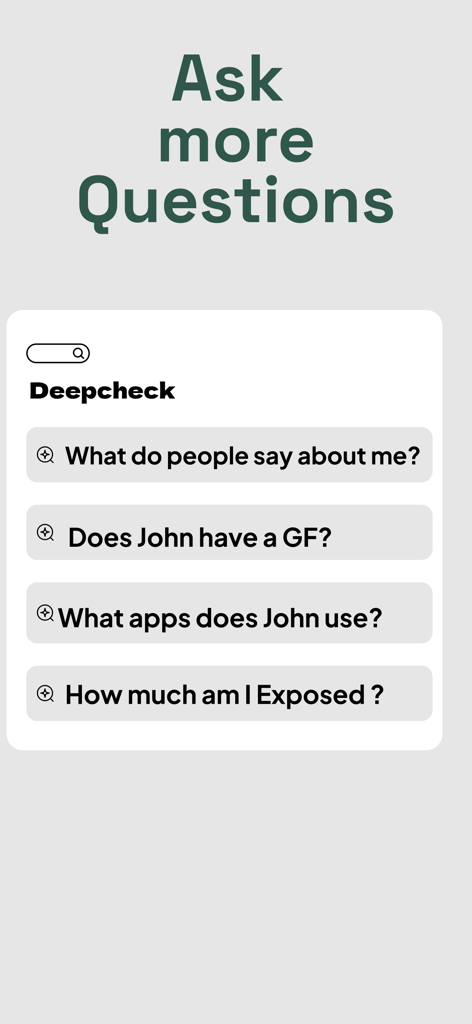Deepcheck - AI Search - Pantalla de la aplicación Deepcheck mostrando preguntas de ejemplo de búsqueda IA para seguridad personal y verificación social