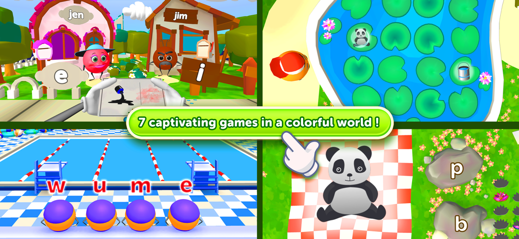 Un collage que muestra varios minijuegos educativos para que los niños practiquen la lectura y la ortografía.