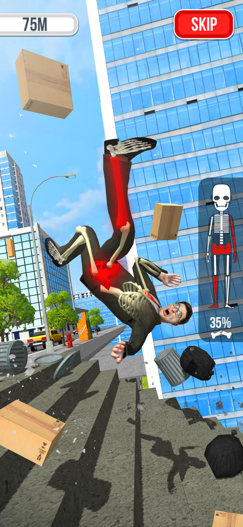 Falling Art Ragdoll Simulator - A character in a suit falling down city stairs with an X-ray view showing broken bones in Falling Art Ragdoll Simulator.