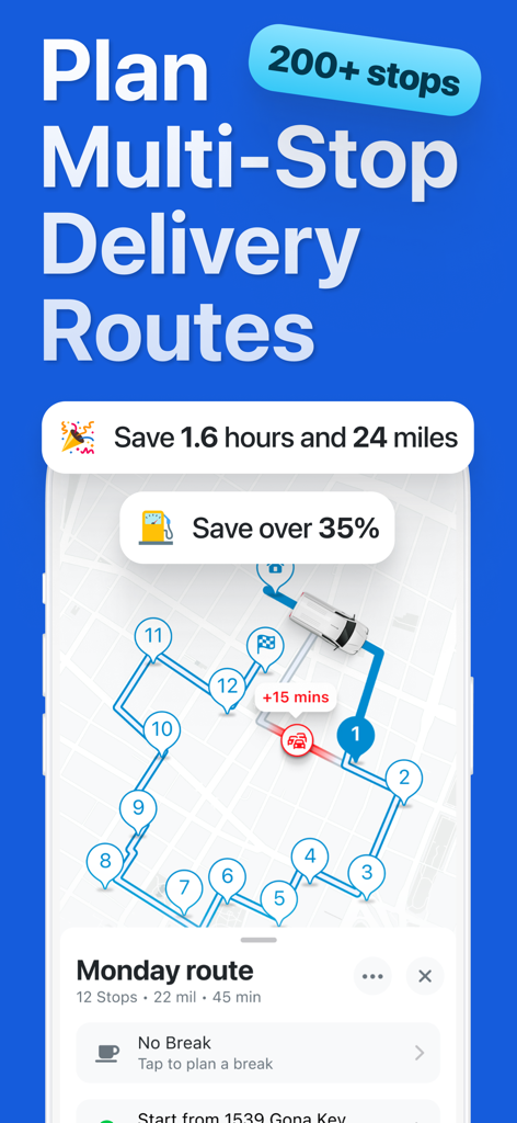 enRoute Delivery Route Planner - A map interface showing an optimized multi-stop delivery route with a delivery van icon and estimated fuel savings of over thirty-five percent.