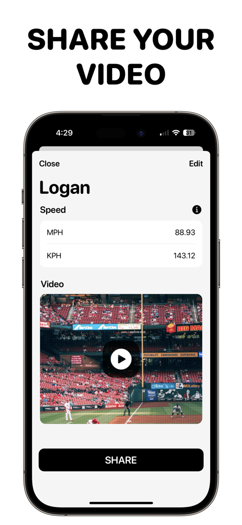 Interface of the Radar Gun app showing a baseball pitch speed of 88.93 mph on a video ready for sharing
